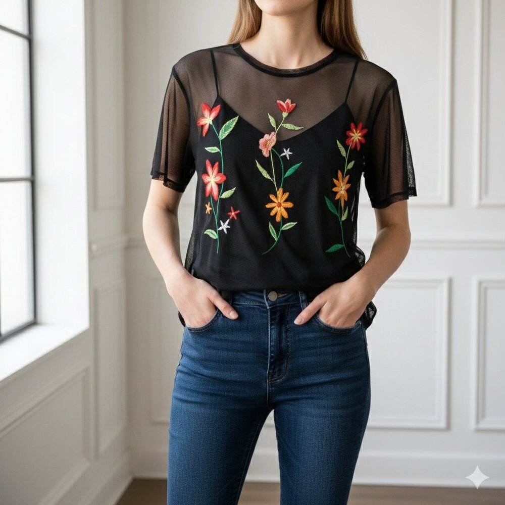 Zara Trafaluc Sheer Black Floral Embroidered Top Size L